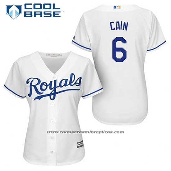 Camiseta Beisbol Mujer Kansas City Royals Lorenzo Cain 6 Blanco Primera Cool Base